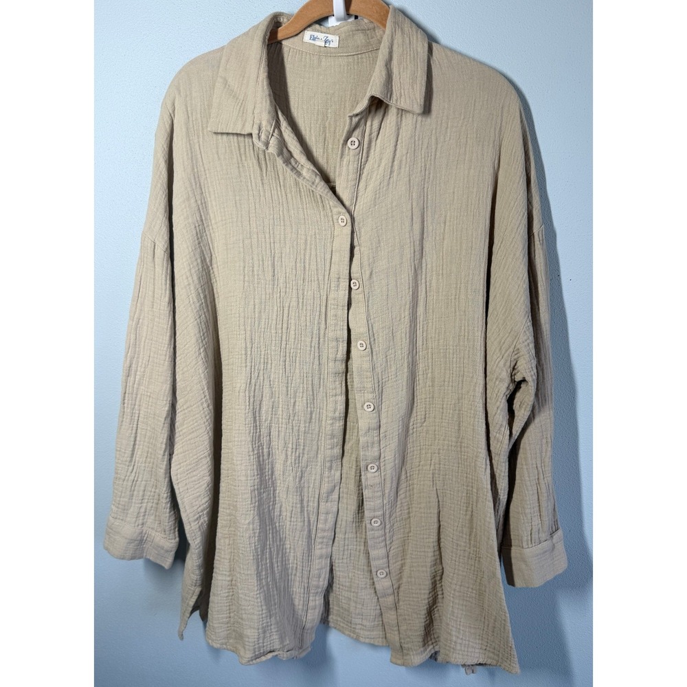 Elsie & Joey Button Down L/XL Beige Wrinkle Gauze Oversized Lagenlook Neutral
